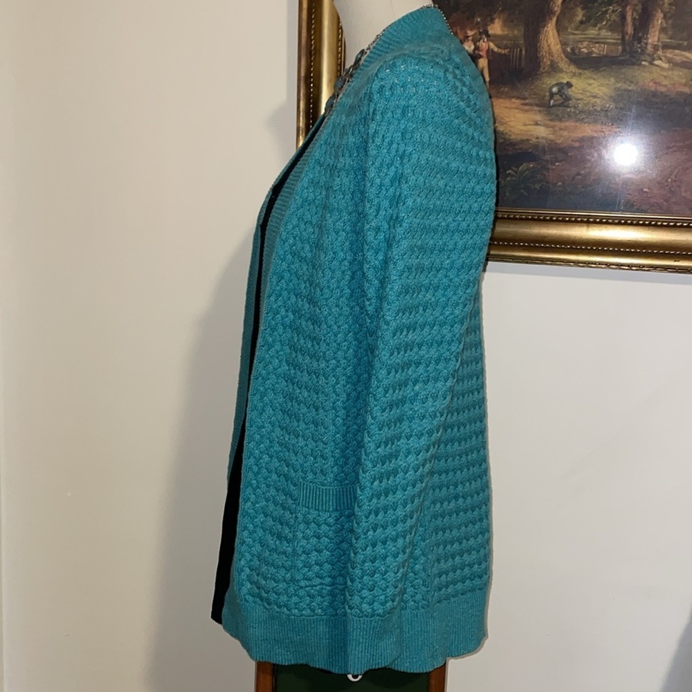 L.L. Bean Open Front Teal Waterfall Sweater. 2 front pockets. Size M. Cotton - Picture 2 of 9
